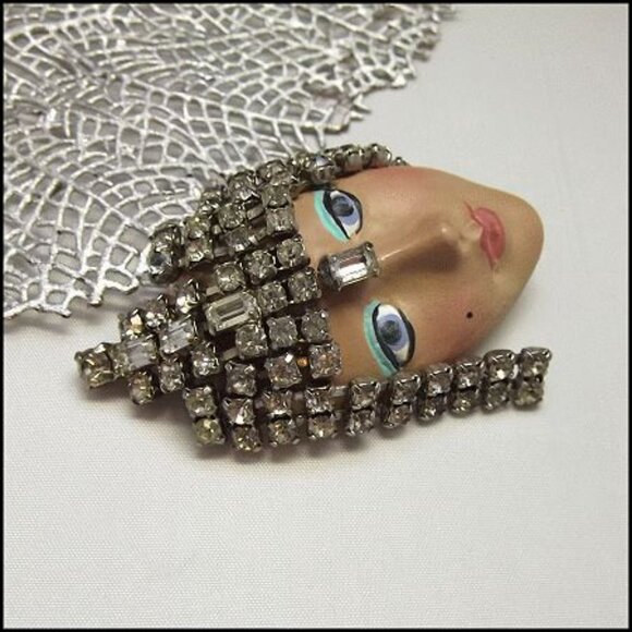 1950s Art Deco Flapper Lady Bisque Porcelain Vintage Face Brooch - Picture 6 of 7